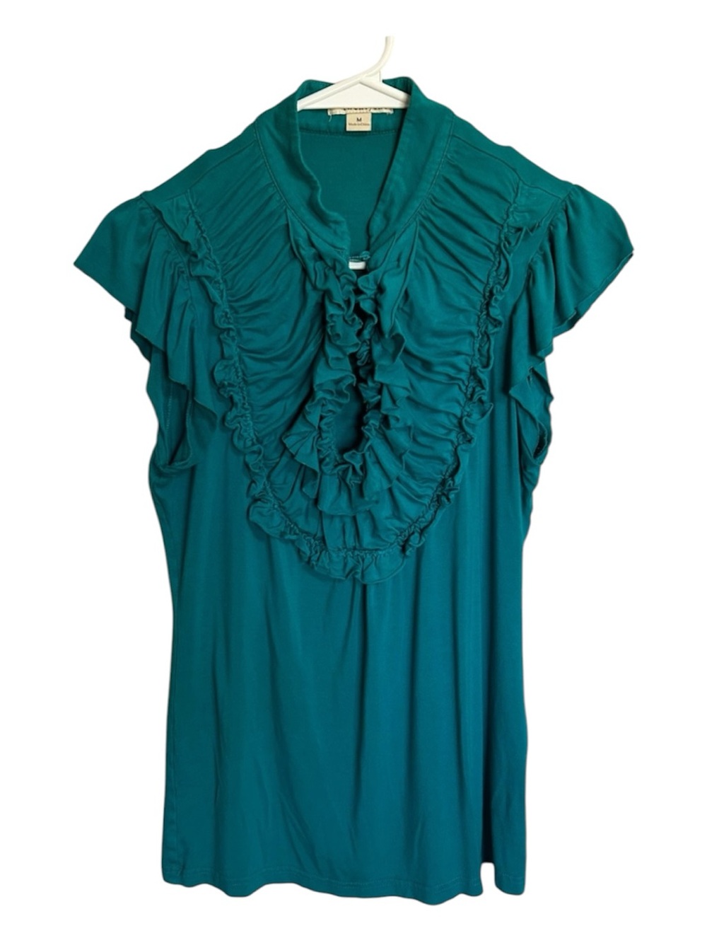 Forever 21 Teal Y2K Ruffle V-Neck Blouse Size M Flutter Sleeve